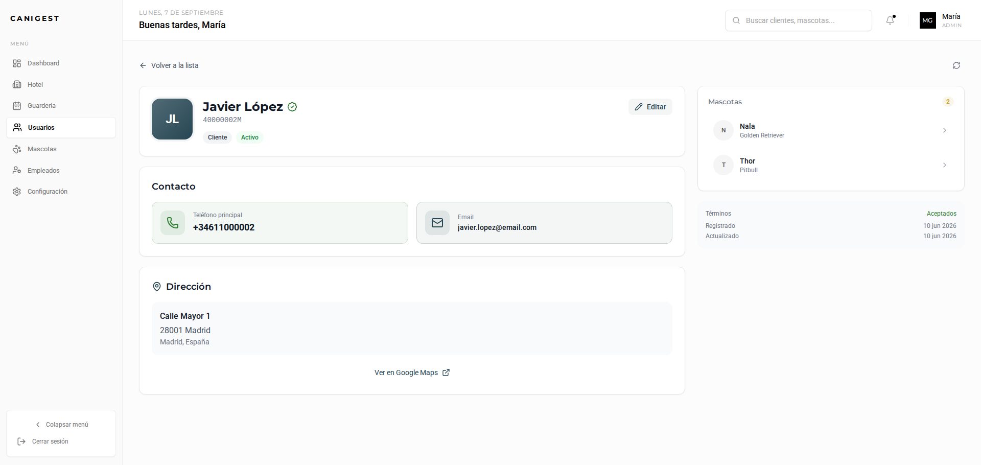 Perfil de cliente con historial completo