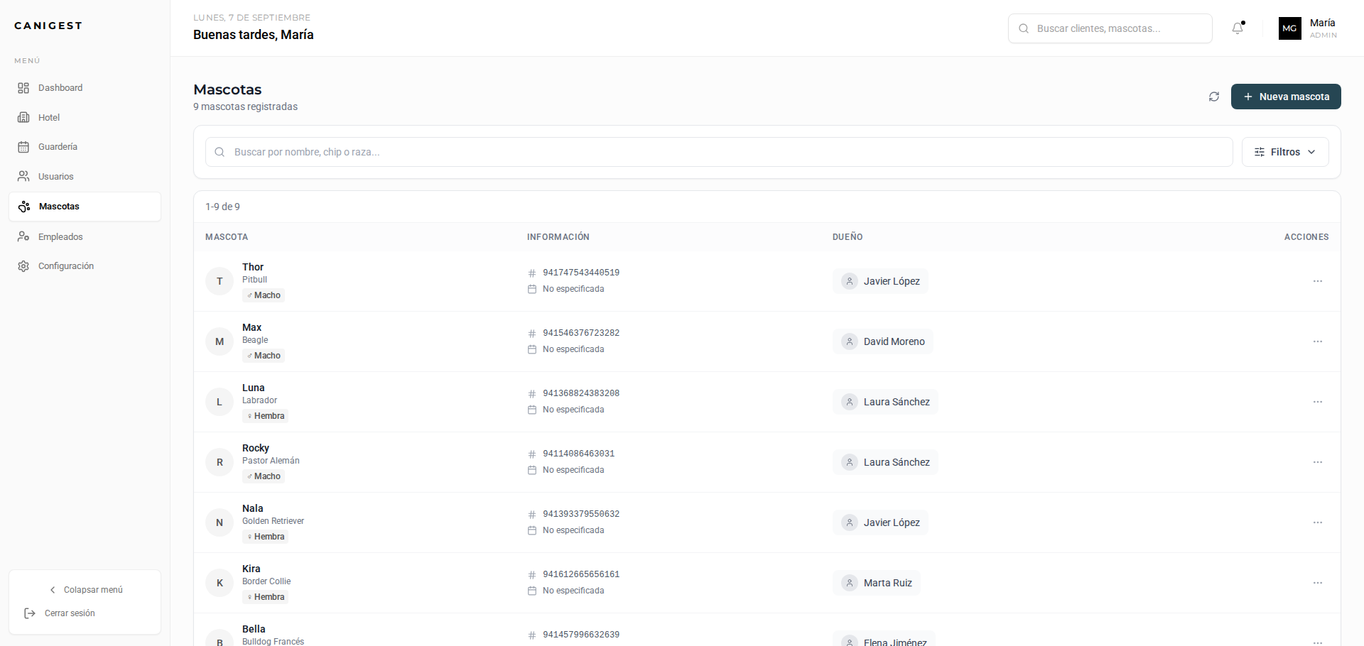 Fichas de mascotas con historial