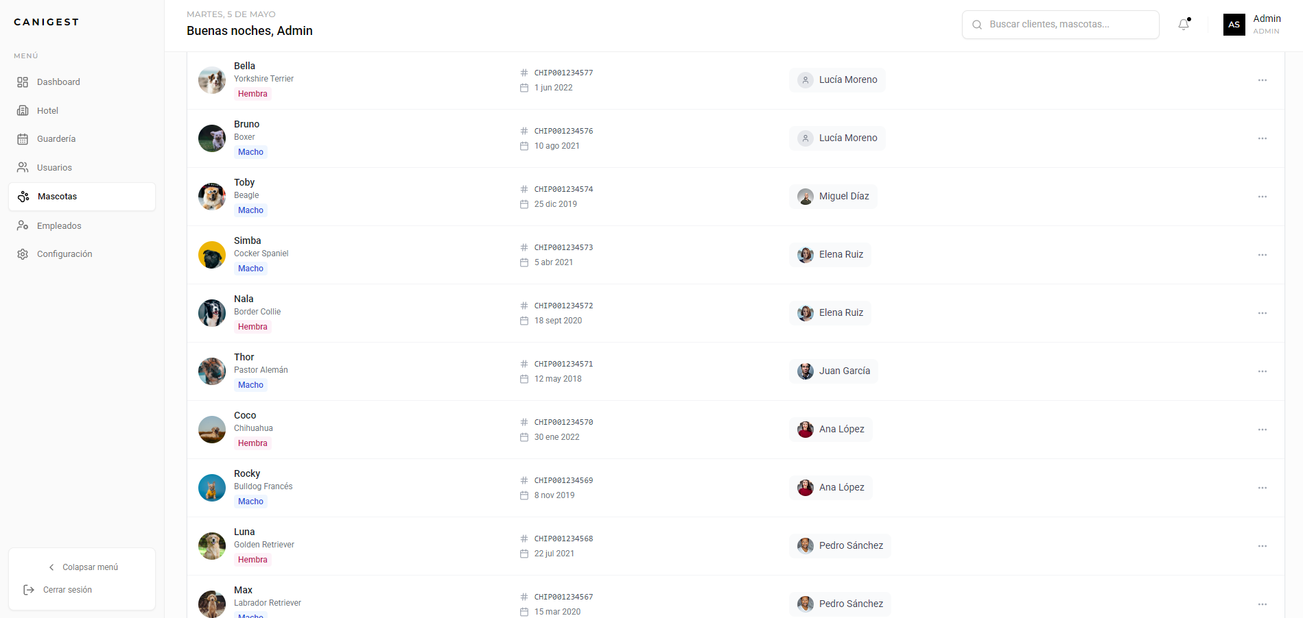 Fichas de mascotas con historial